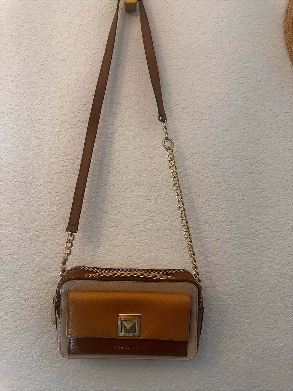 Michael Kors Two-Tone Brown & Tan Leather Crossbody with Gold Chain